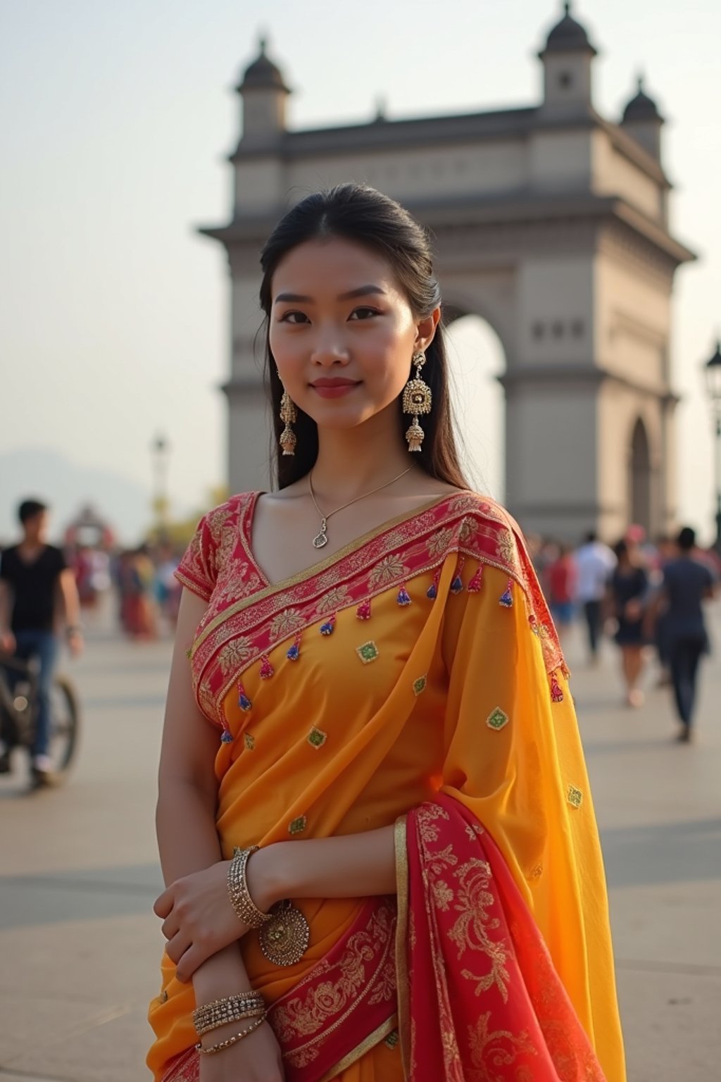 stylish and chic  woman in Mumbai wearing a vibrant saree/kurta, Gateway of India in the background