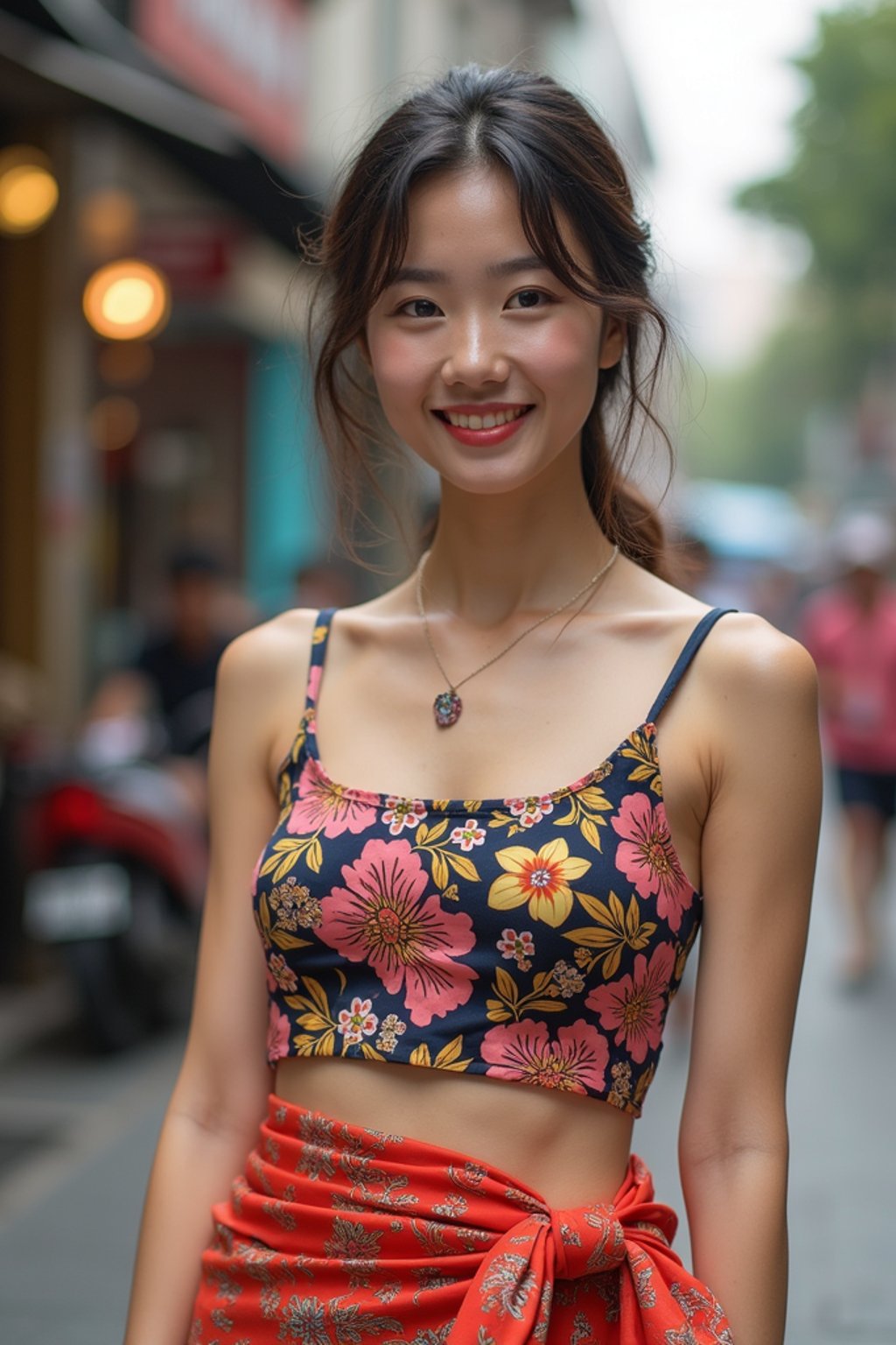 stylish and chic  woman in Thailand wearing a vibrant sarong, Bangkok in the background