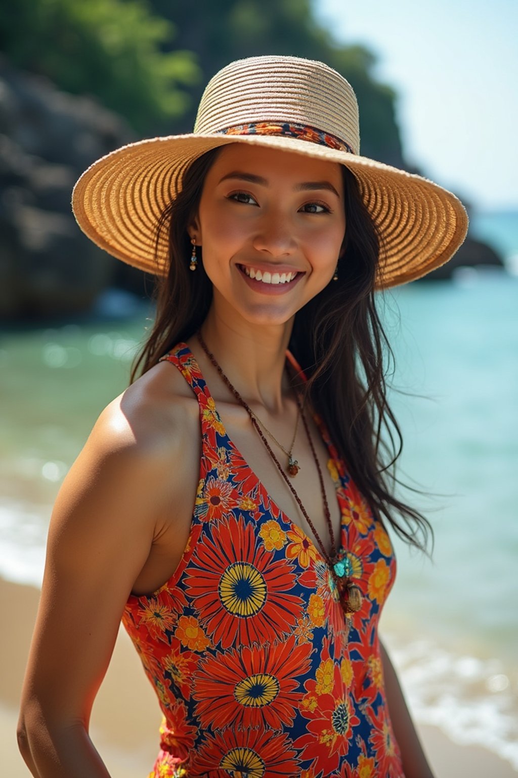 stylish and chic  woman in Bali wearing vibrant Batik clothes, Bali, Indonesia in the background