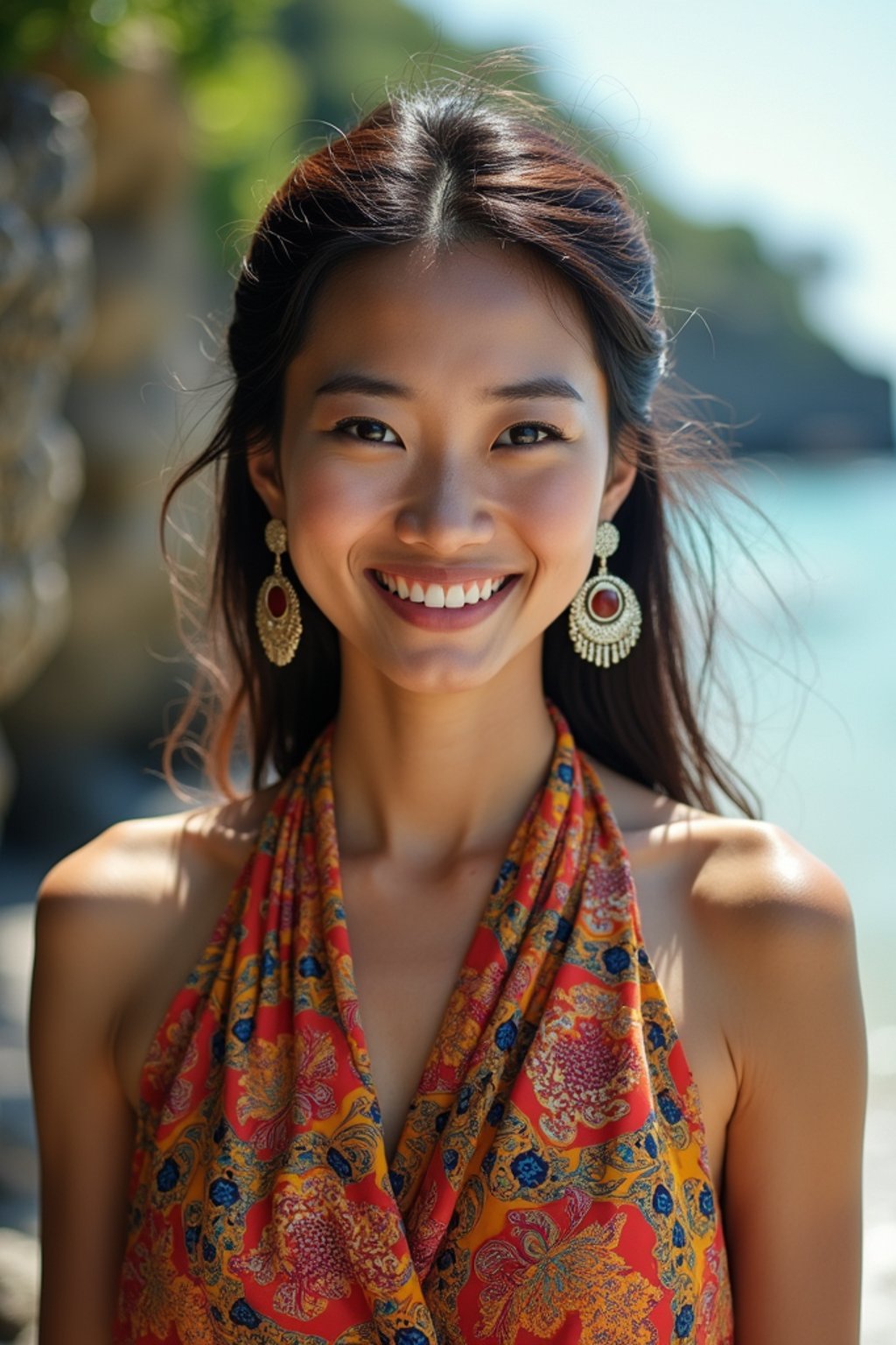 stylish and chic  woman in Bali wearing vibrant Batik clothes, Bali, Indonesia in the background