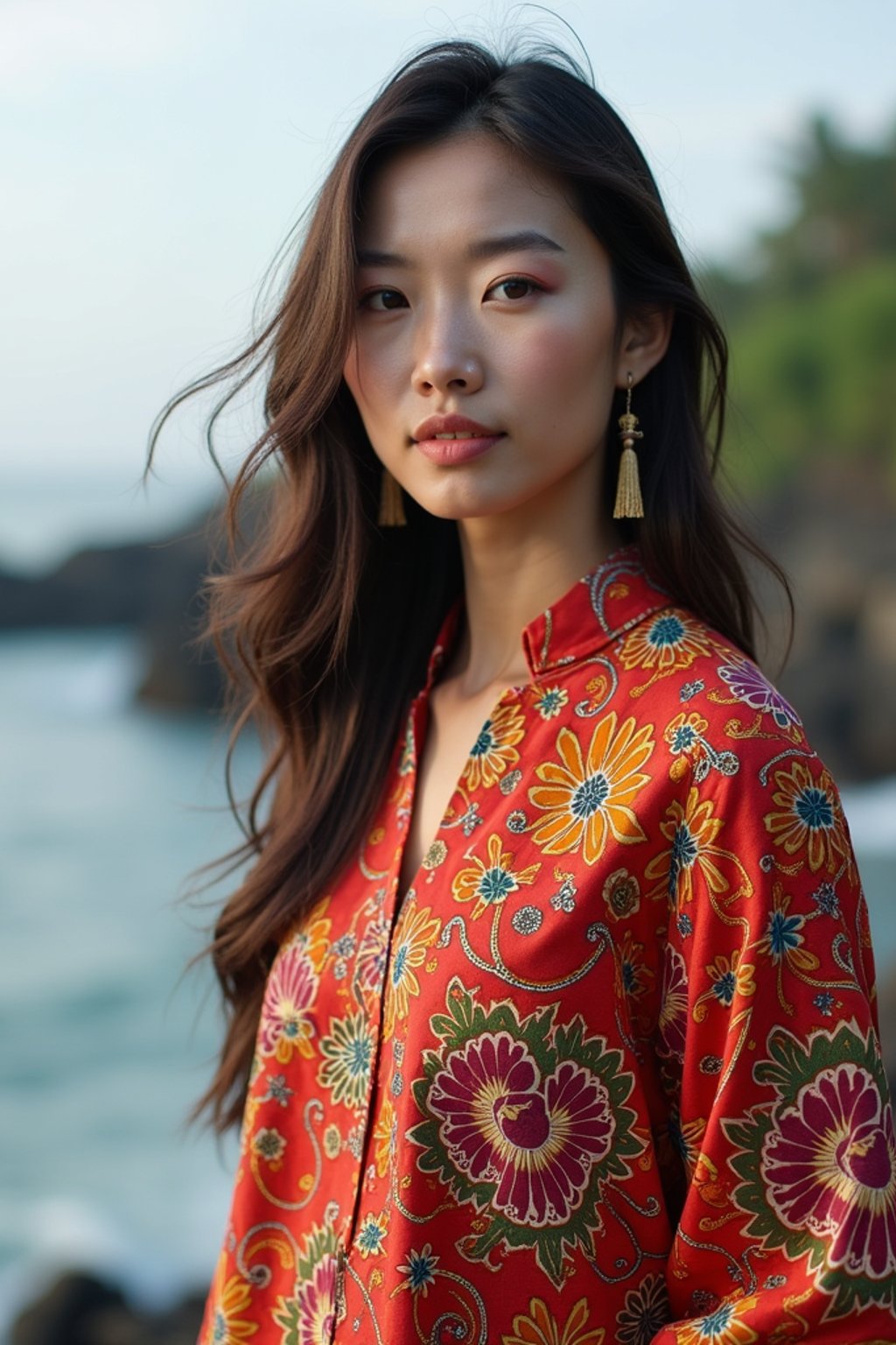 stylish and chic  woman in Bali wearing vibrant Batik clothes, Bali, Indonesia in the background