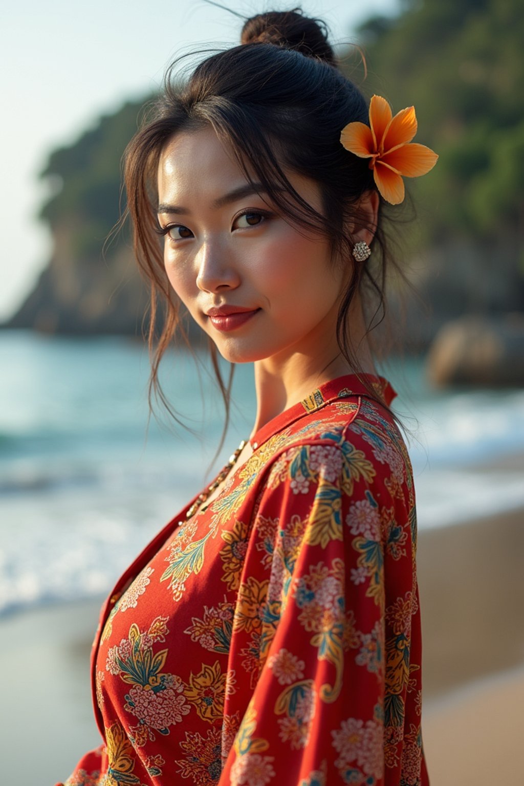 stylish and chic  woman in Bali wearing vibrant Batik clothes, Bali, Indonesia in the background