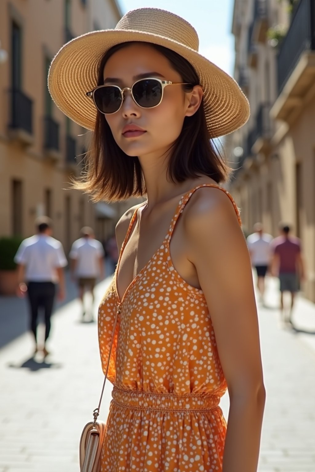 stylish and chic  woman in Barcelona wearing a stylish summer outfit, La Sagrada Família in the background