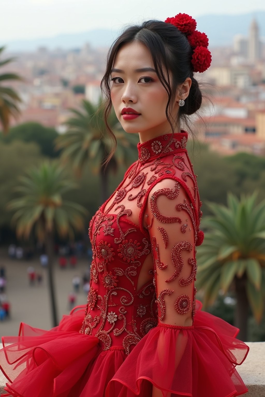 stylish and chic  woman in Barcelona wearing a flamenco-inspired dress/suit, Park Güell in the background