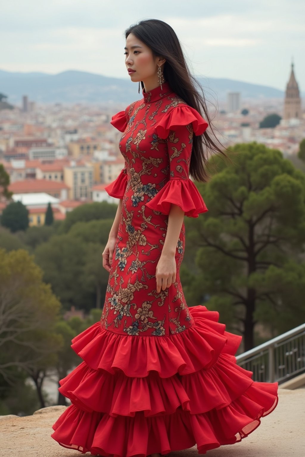 stylish and chic  woman in Barcelona wearing a flamenco-inspired dress/suit, Park Güell in the background