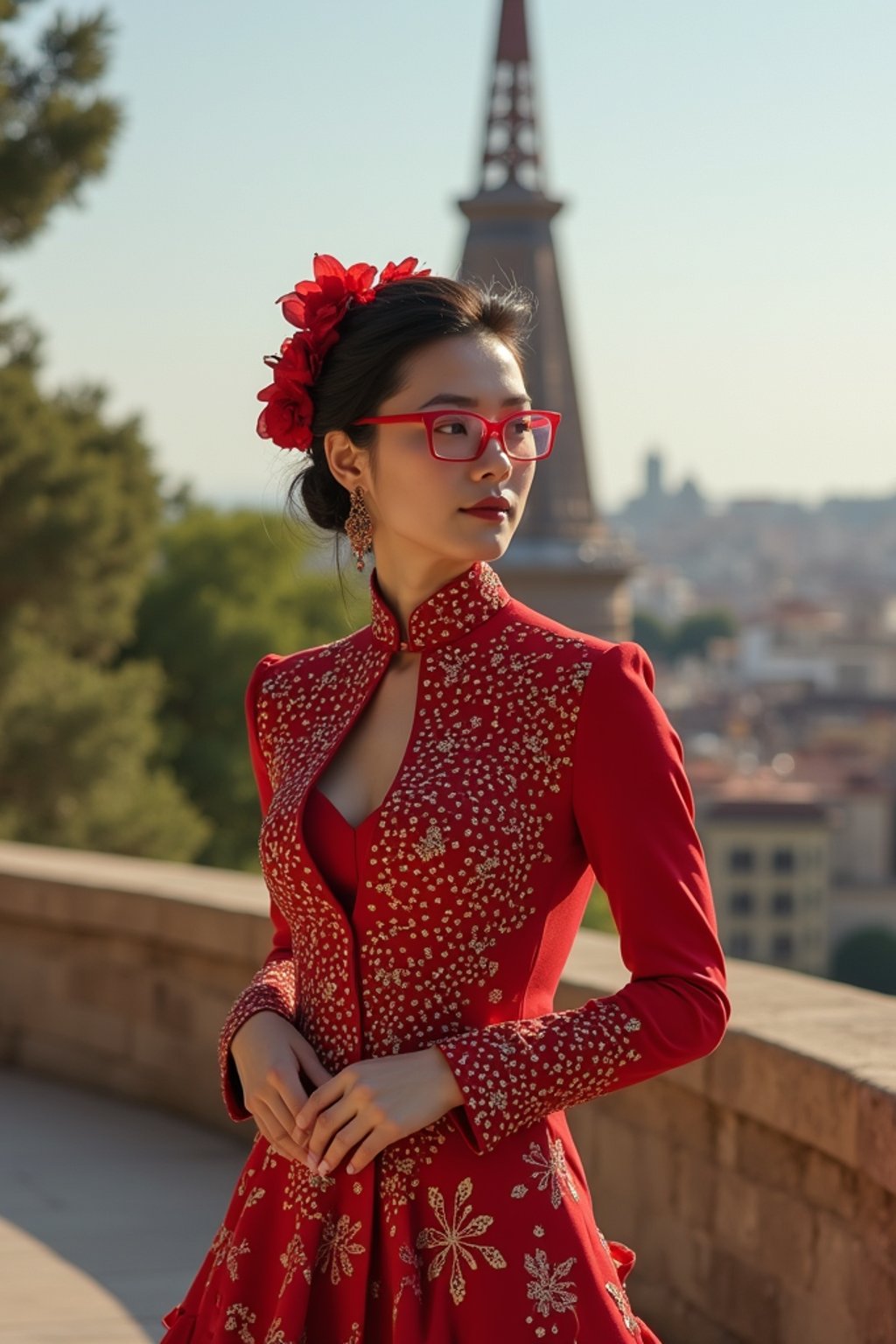 stylish and chic  woman in Barcelona wearing a flamenco-inspired dress/suit, Park Güell in the background