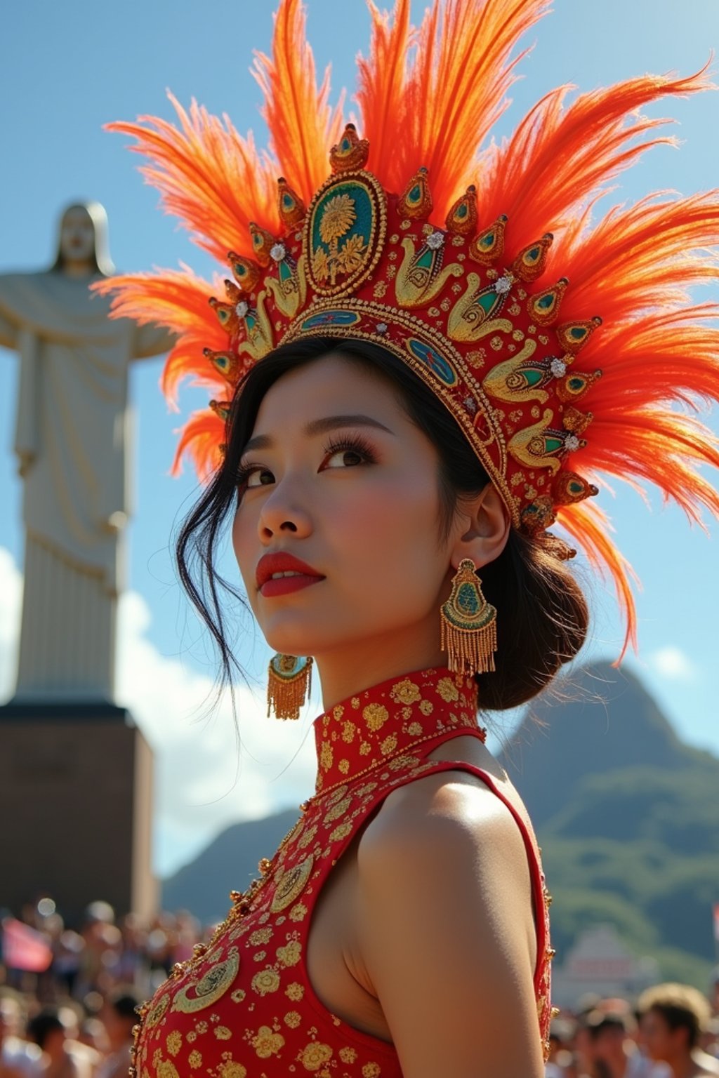 stylish and chic  woman in Rio de Janeiro wearing a vibrant carnival-inspired costume, Christ the Redeemer statue in the background