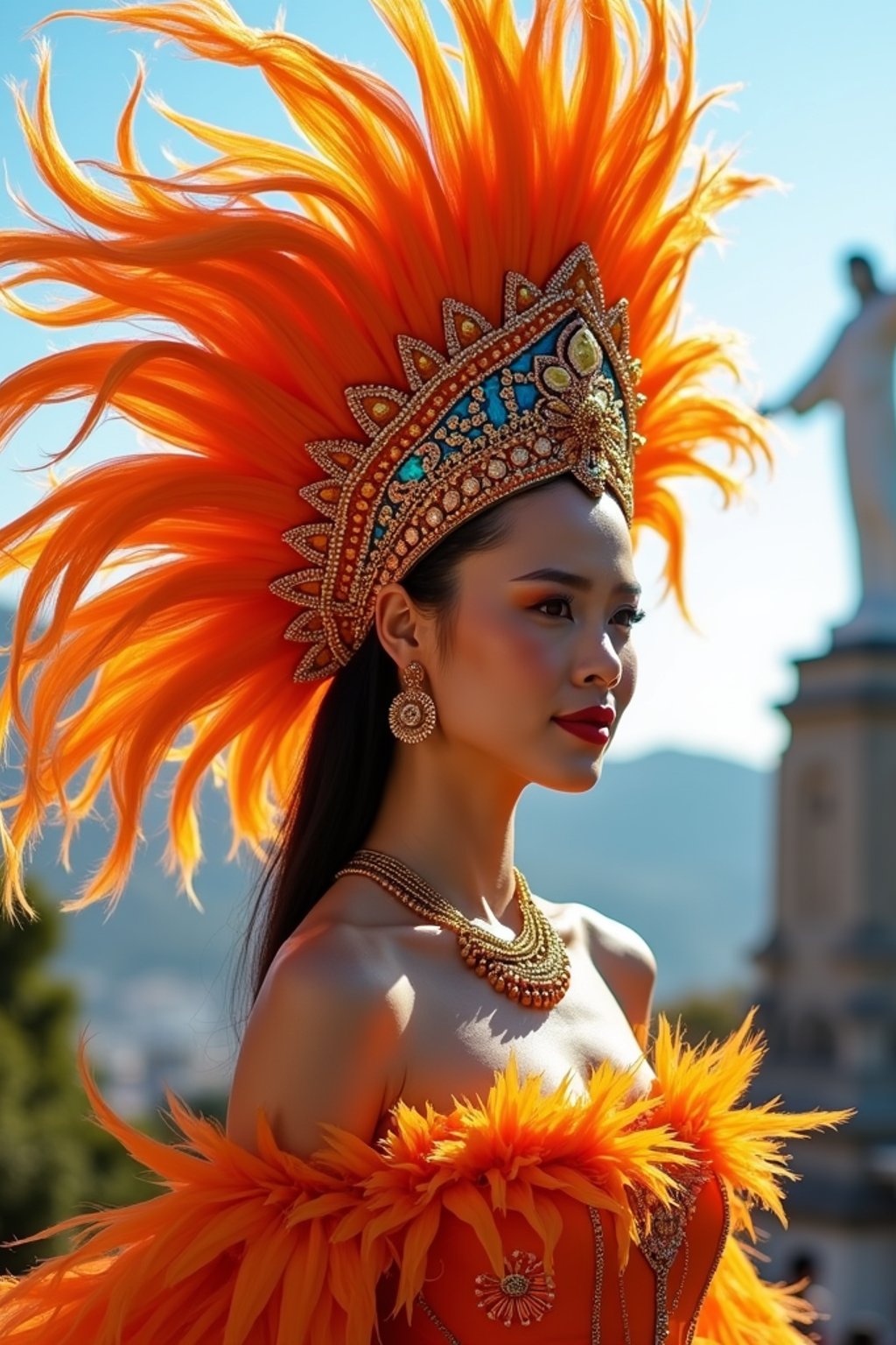 stylish and chic  woman in Rio de Janeiro wearing a vibrant carnival-inspired costume, Christ the Redeemer statue in the background