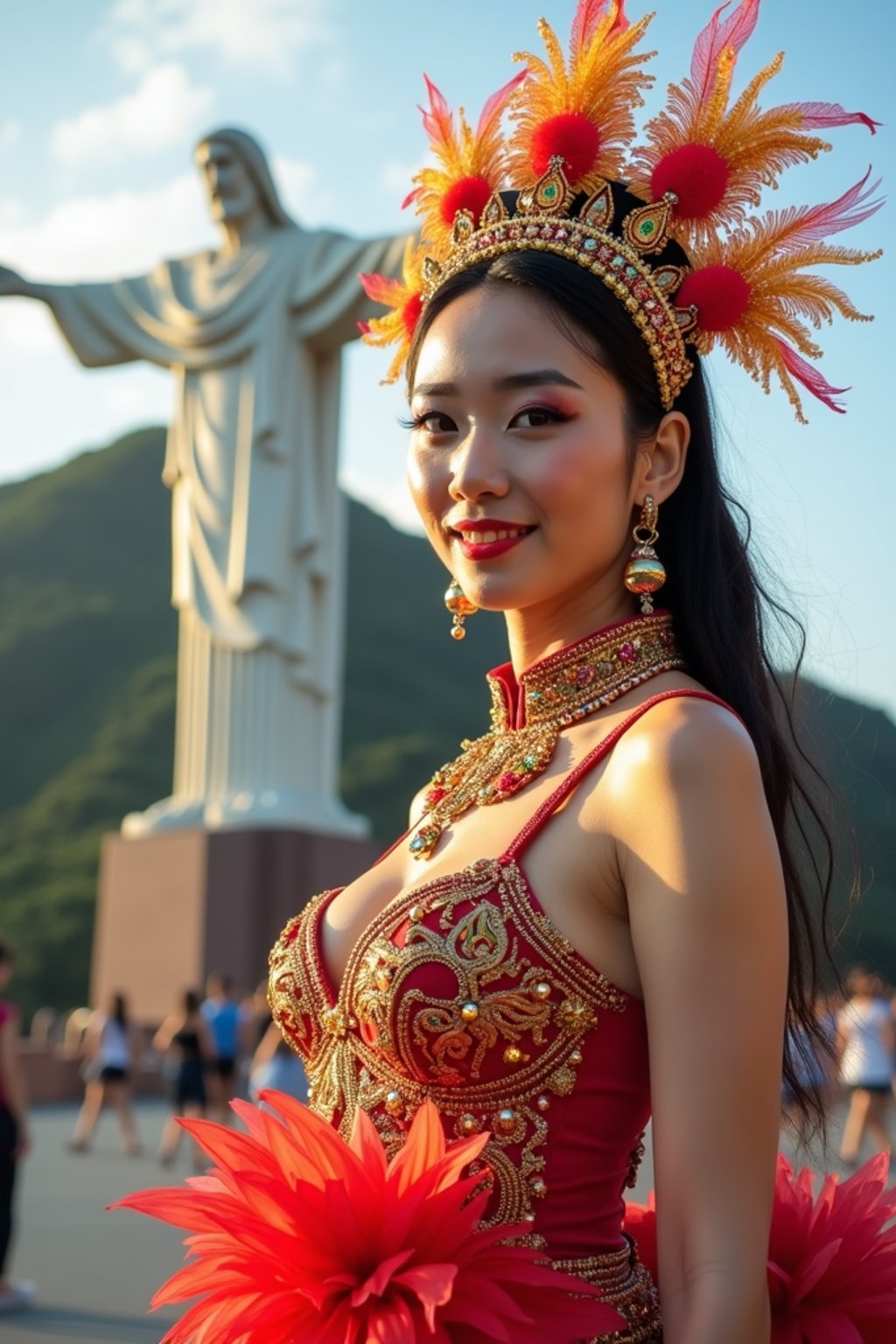 stylish and chic  woman in Rio de Janeiro wearing a vibrant carnival-inspired costume, Christ the Redeemer statue in the background