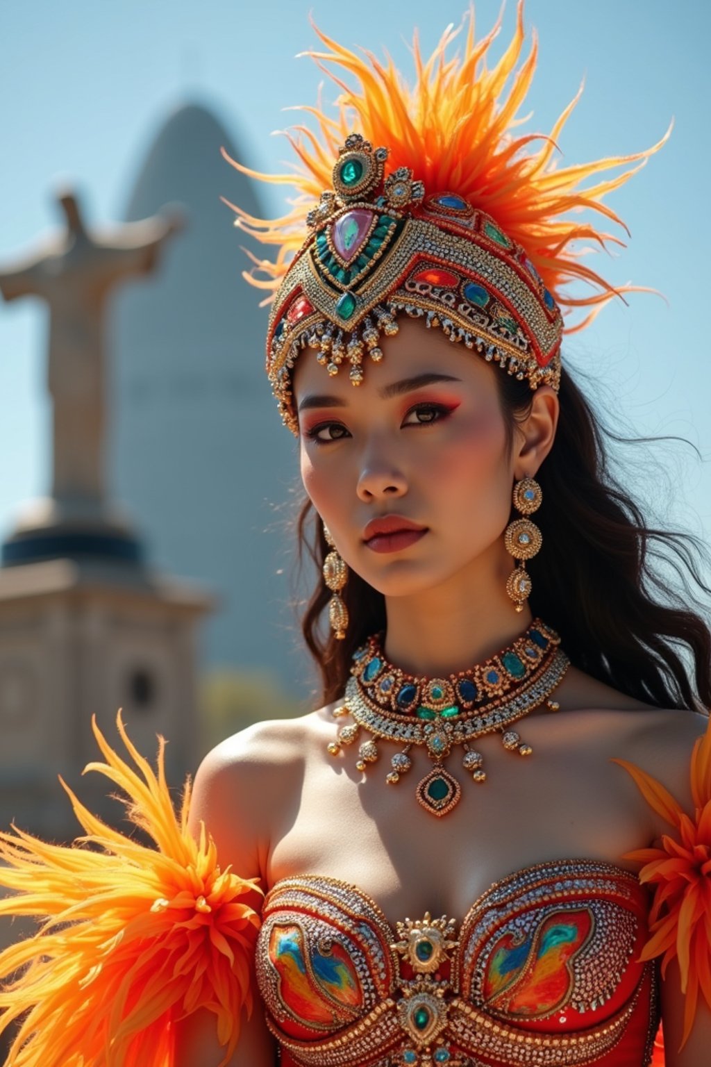 stylish and chic  woman in Rio de Janeiro wearing a vibrant carnival-inspired costume, Christ the Redeemer statue in the background