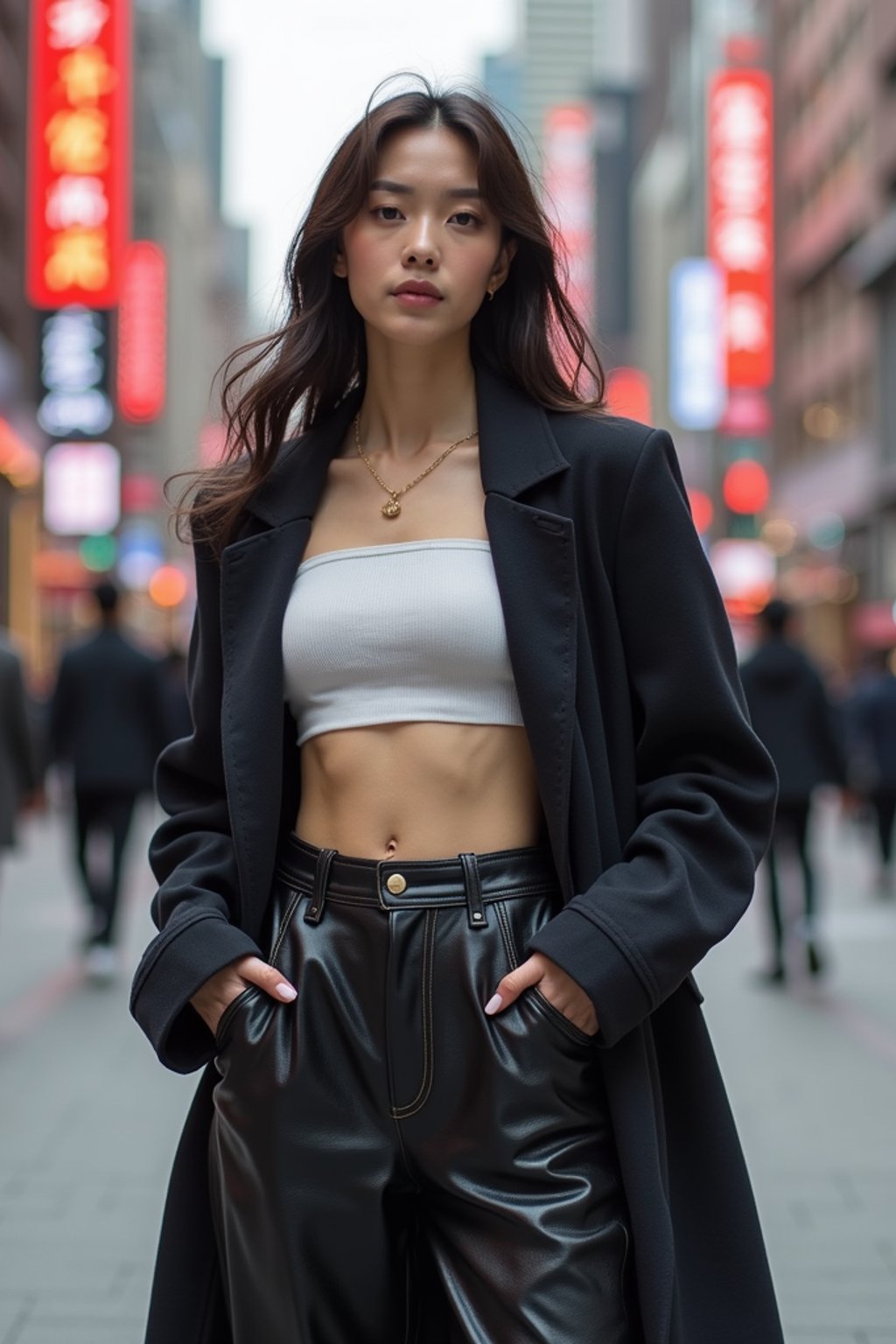 stylish and chic  woman in Shanghai wearing a contemporary streetwear outfit, Nanjing Road in the background