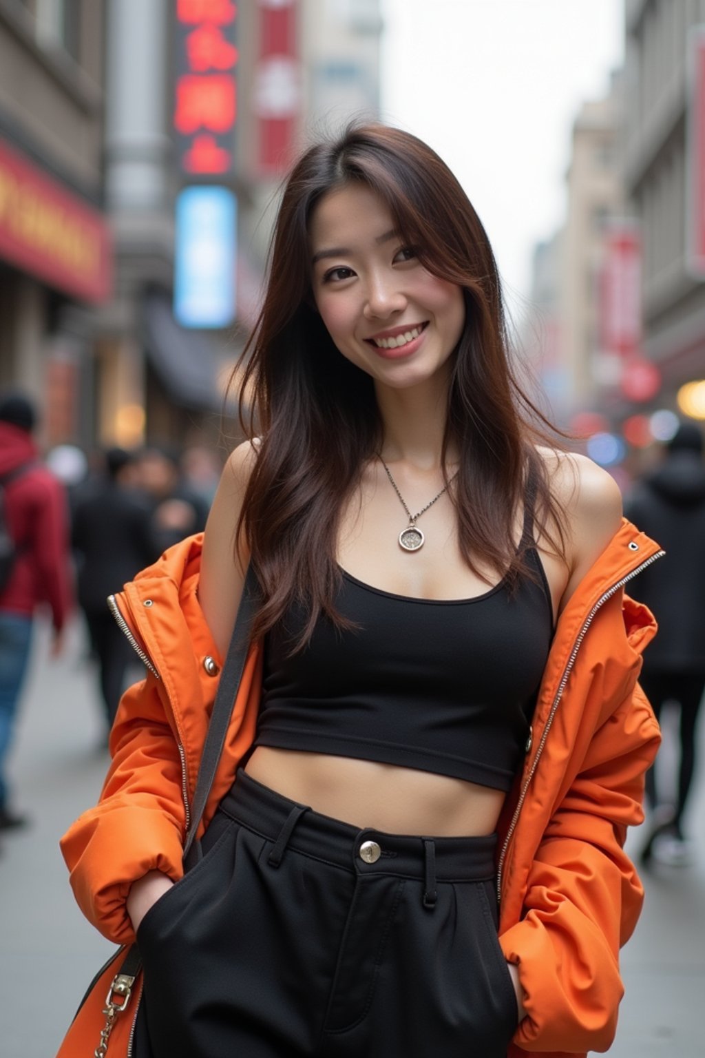 stylish and chic  woman in Shanghai wearing a contemporary streetwear outfit, Nanjing Road in the background