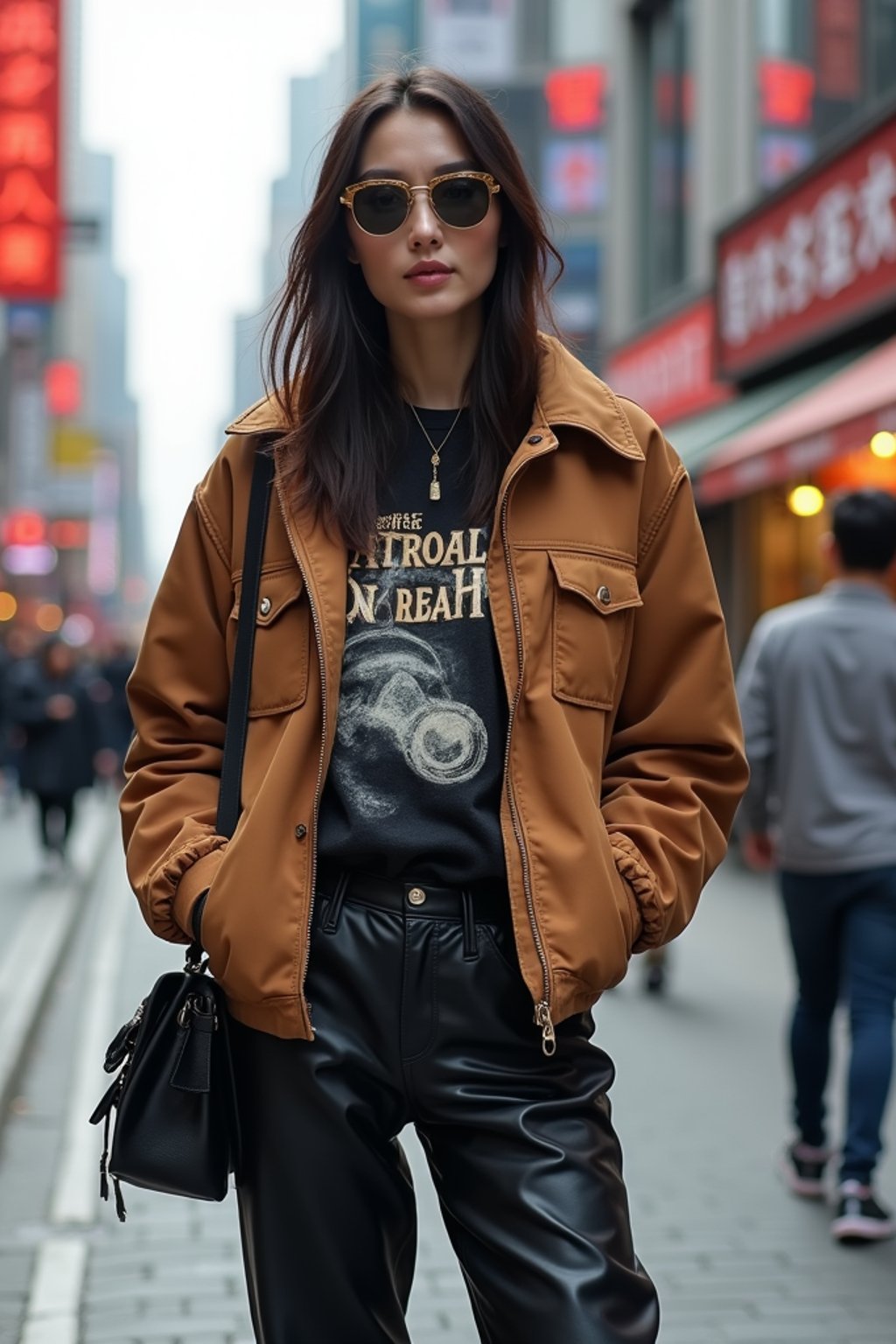 stylish and chic  woman in Shanghai wearing a contemporary streetwear outfit, Nanjing Road in the background