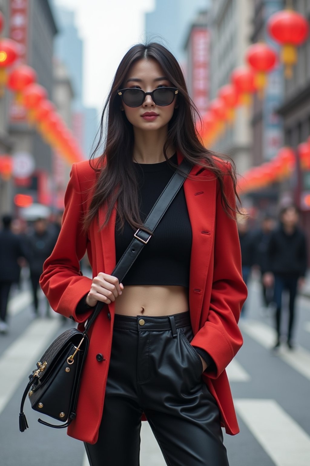 stylish and chic  woman in Shanghai wearing a contemporary streetwear outfit, Nanjing Road in the background