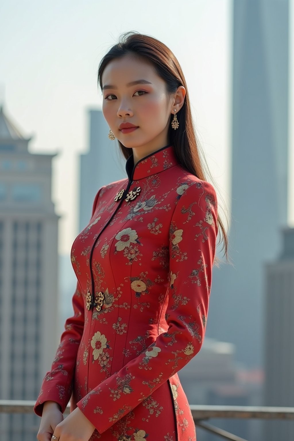 stylish and chic  woman in Shanghai wearing a traditional qipao/mandarin-collar suit, modern skyline in the background