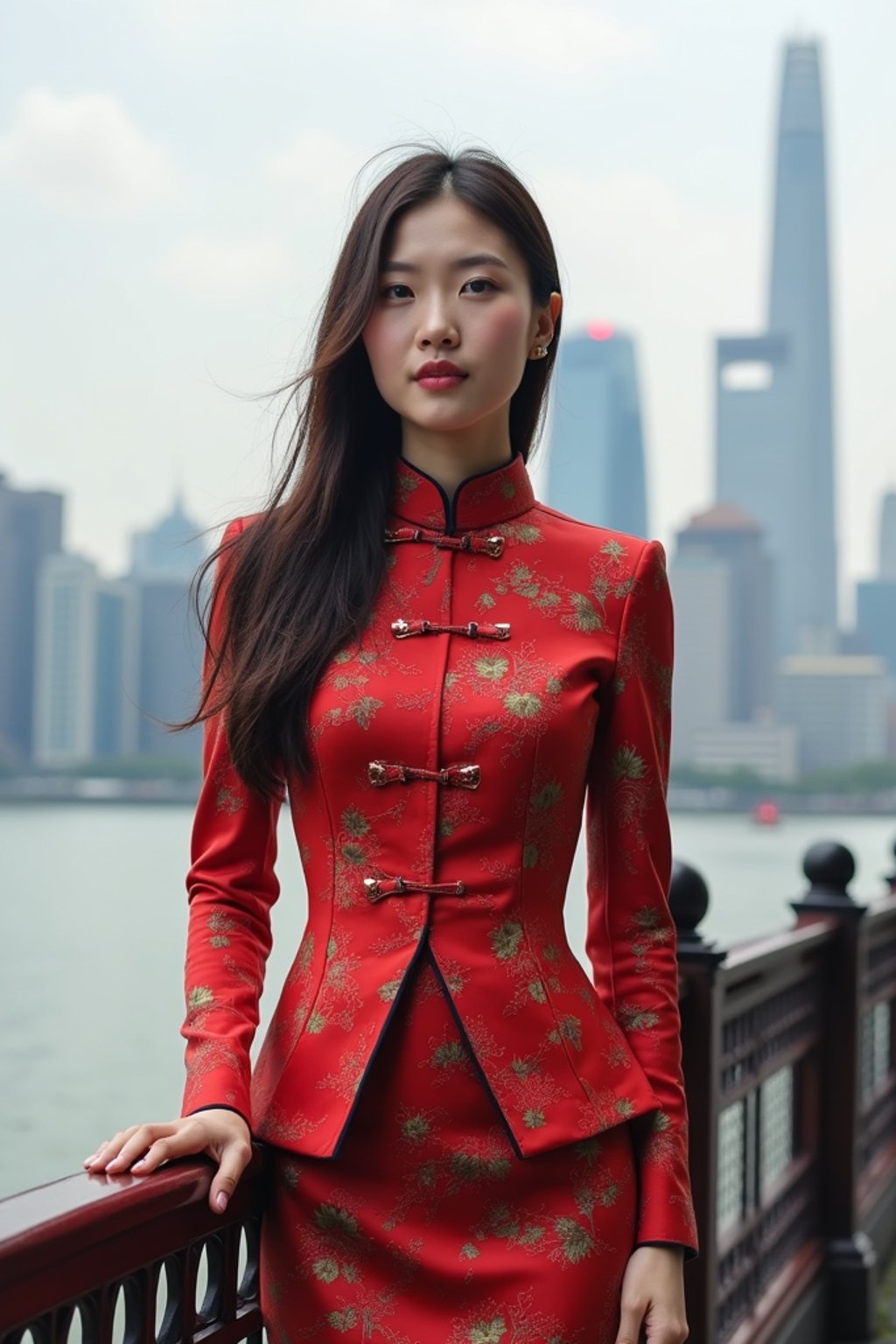 stylish and chic  woman in Shanghai wearing a traditional qipao/mandarin-collar suit, modern skyline in the background