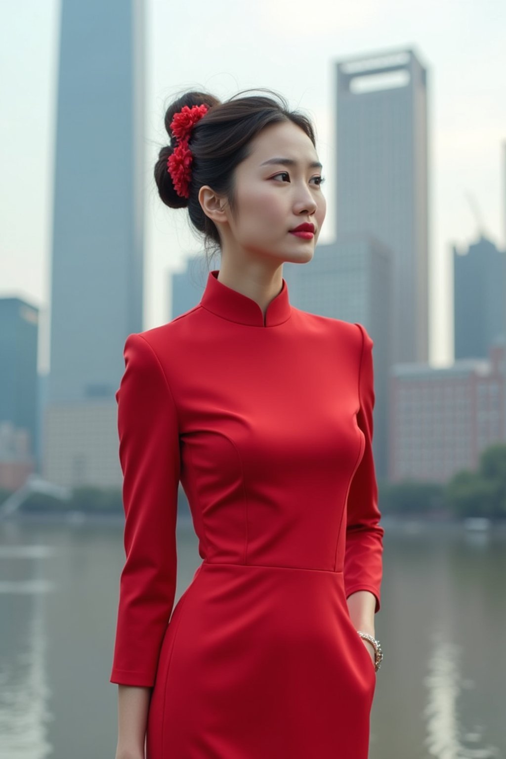 stylish and chic  woman in Shanghai wearing a traditional qipao/mandarin-collar suit, modern skyline in the background