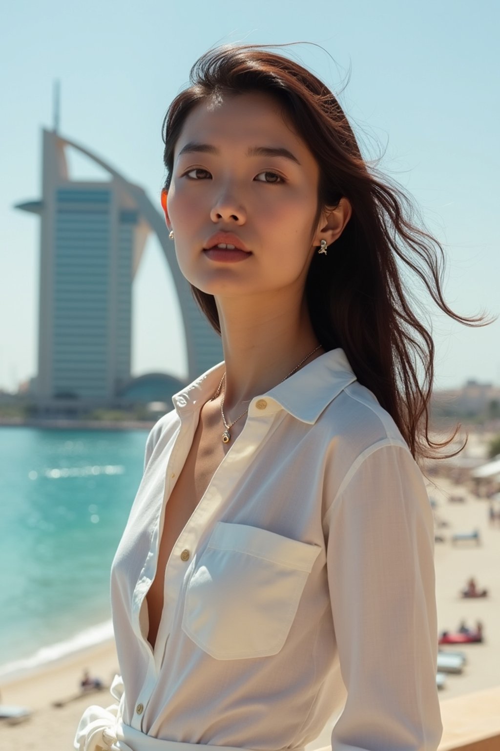 stylish and chic  woman in Dubai wearing a stylish sundress/linen shirt, the Atlantis hotel in the background