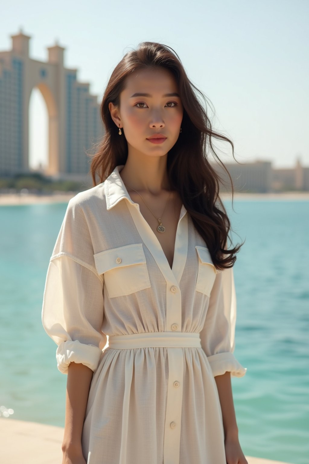 stylish and chic  woman in Dubai wearing a stylish sundress/linen shirt, the Atlantis hotel in the background