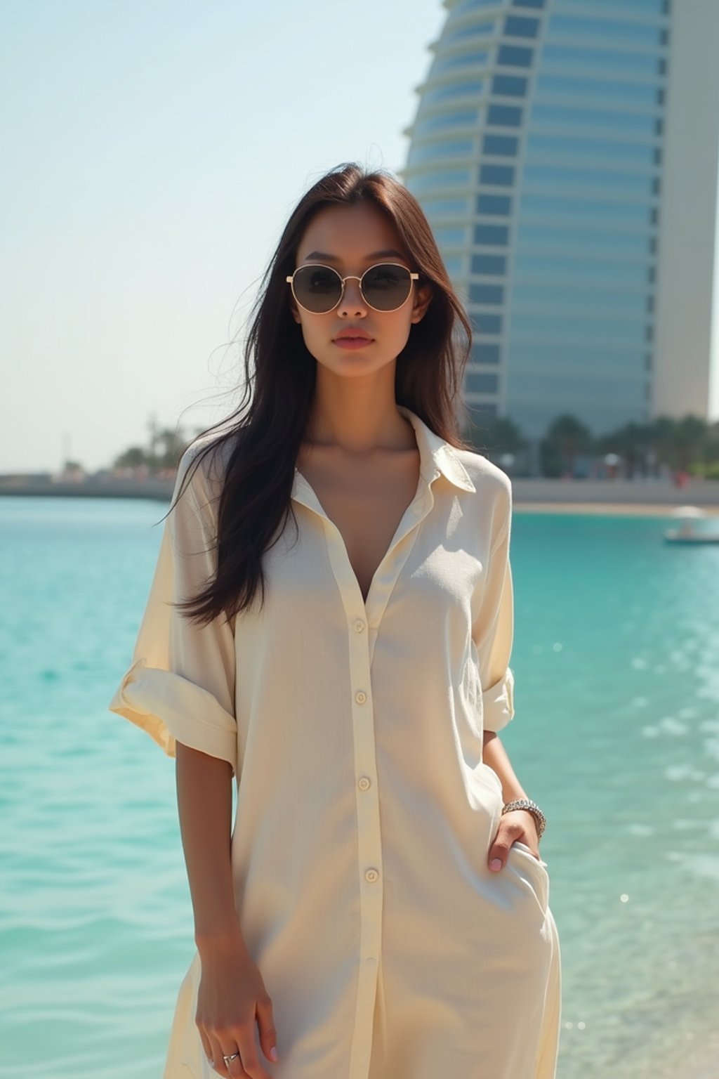 stylish and chic  woman in Dubai wearing a stylish sundress/linen shirt, the Atlantis hotel in the background