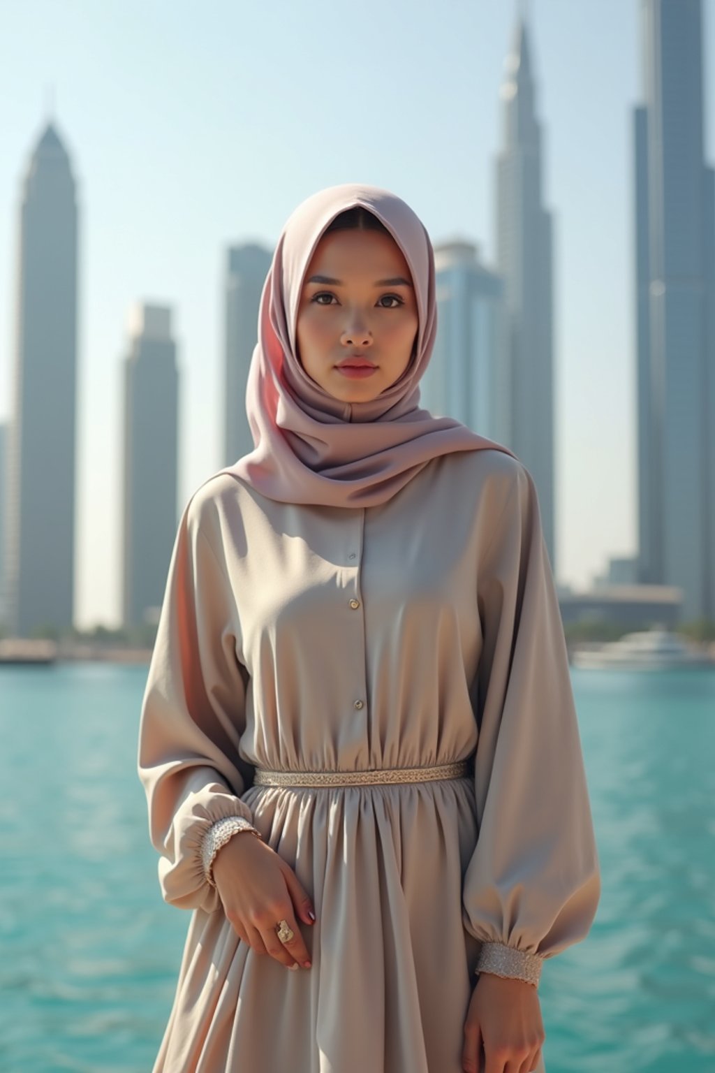 stylish and chic  woman in Dubai wearing a modern, chic abaya/thobe, skyscrapers of Dubai in the background