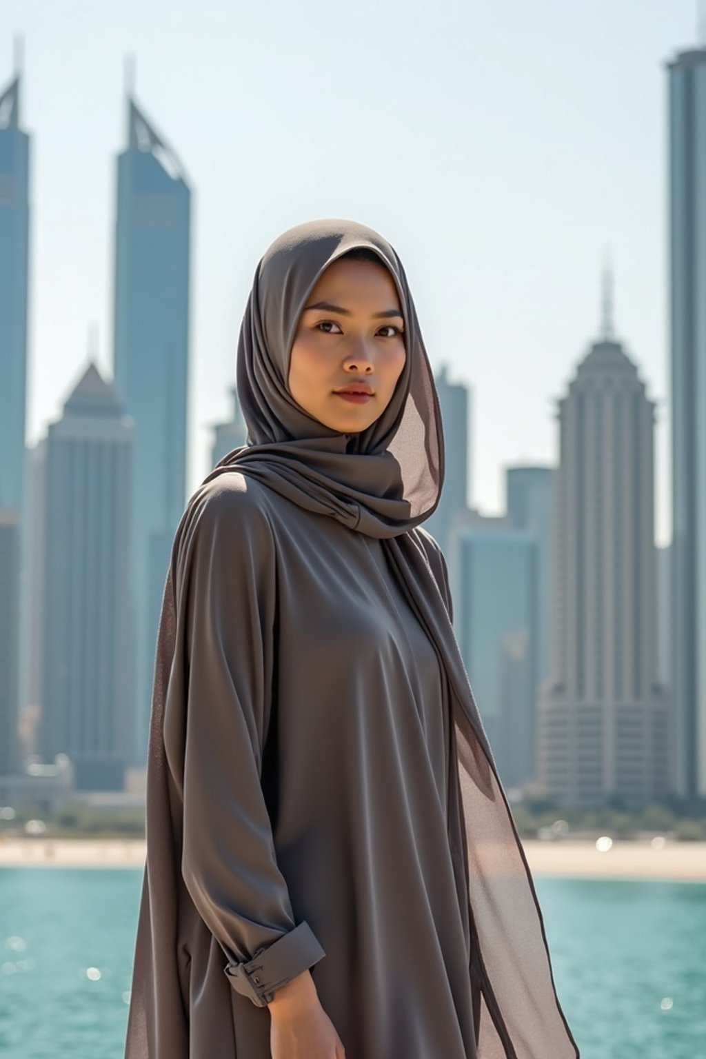 stylish and chic  woman in Dubai wearing a modern, chic abaya/thobe, skyscrapers of Dubai in the background