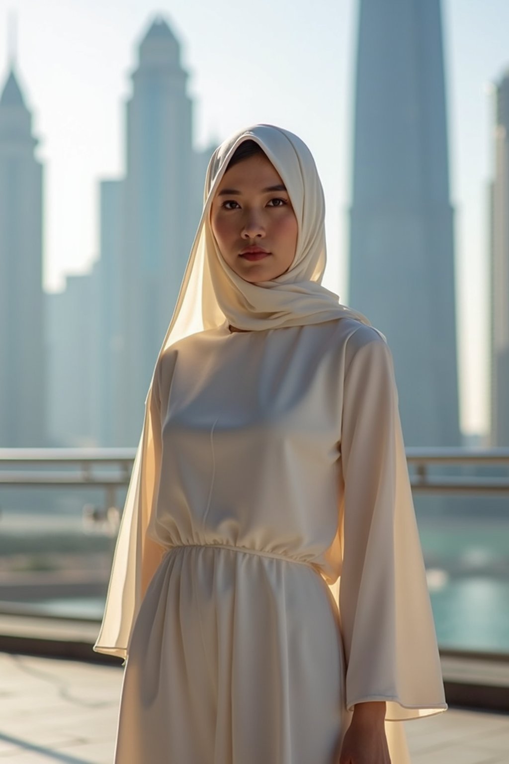 stylish and chic  woman in Dubai wearing a modern, chic abaya/thobe, skyscrapers of Dubai in the background