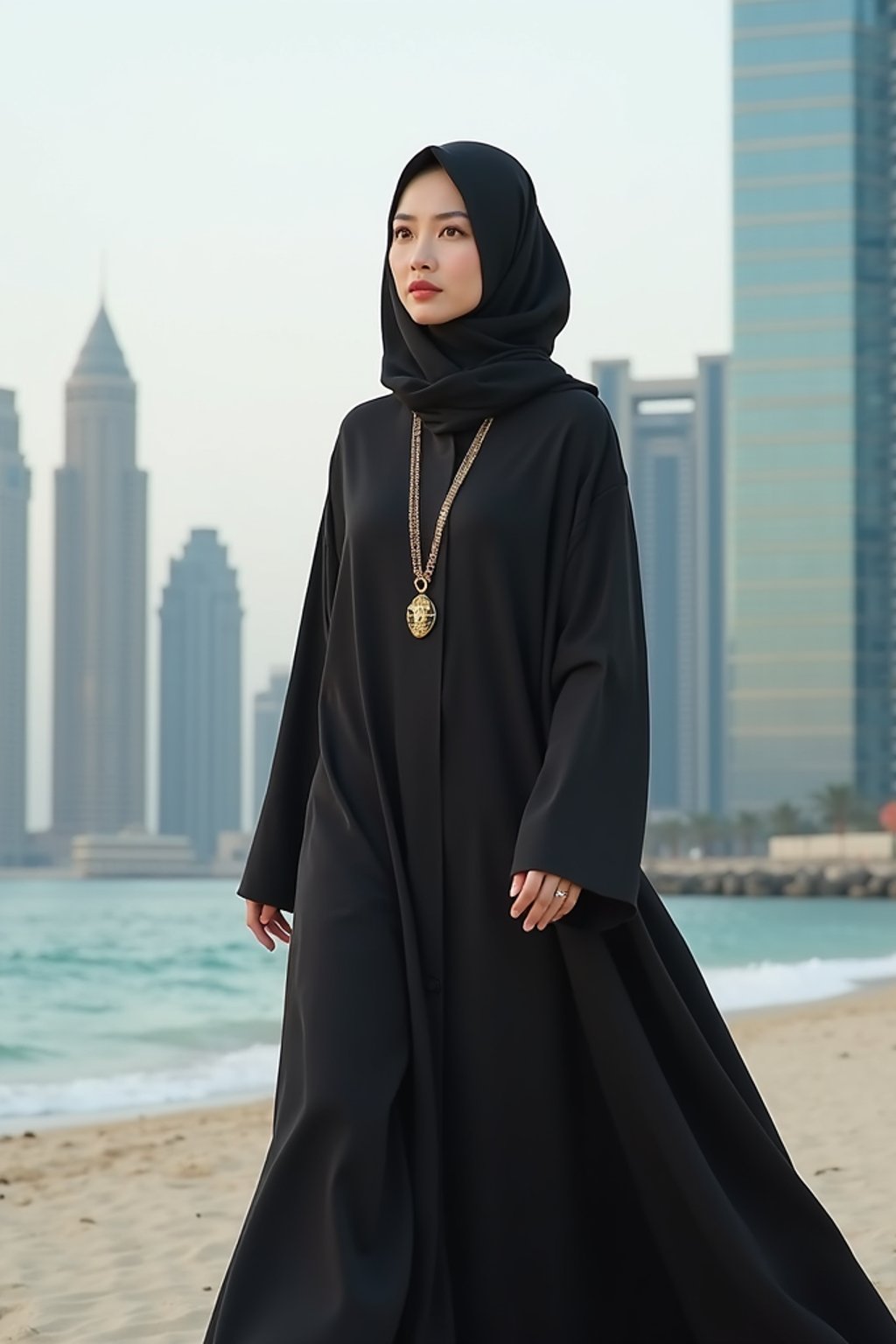 stylish and chic  woman in Dubai wearing a modern, chic abaya/thobe, skyscrapers of Dubai in the background