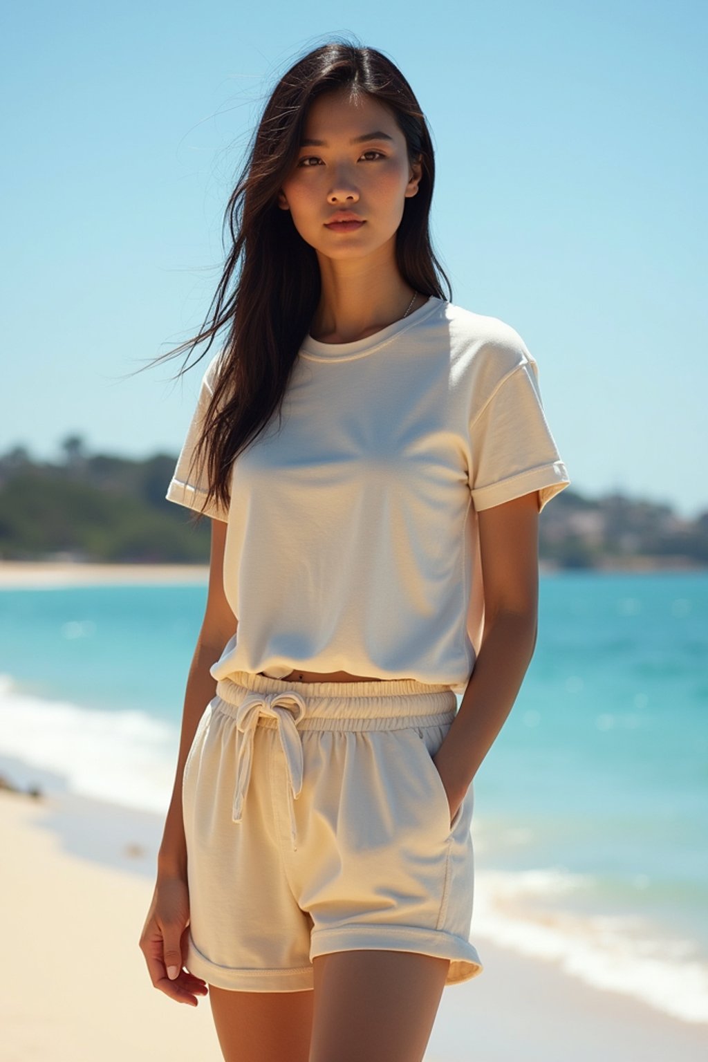 stylish and chic  woman in Sydney wearing a summer dress/shorts and t-shirt, Bondi Beach in the background