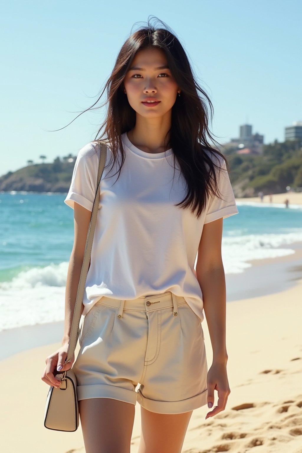 stylish and chic  woman in Sydney wearing a summer dress/shorts and t-shirt, Bondi Beach in the background