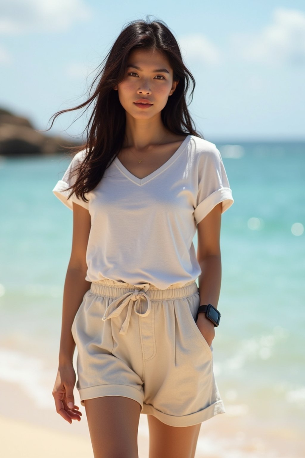 stylish and chic  woman in Sydney wearing a summer dress/shorts and t-shirt, Bondi Beach in the background