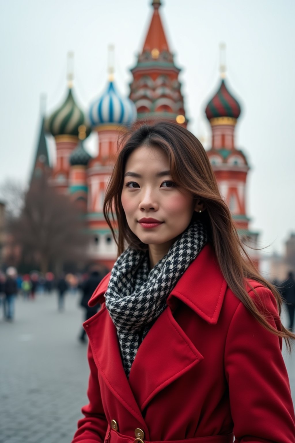 stylish and chic  woman in Moscow wearing a stylish coat and scarf, Saint Basil's Cathedral in the background