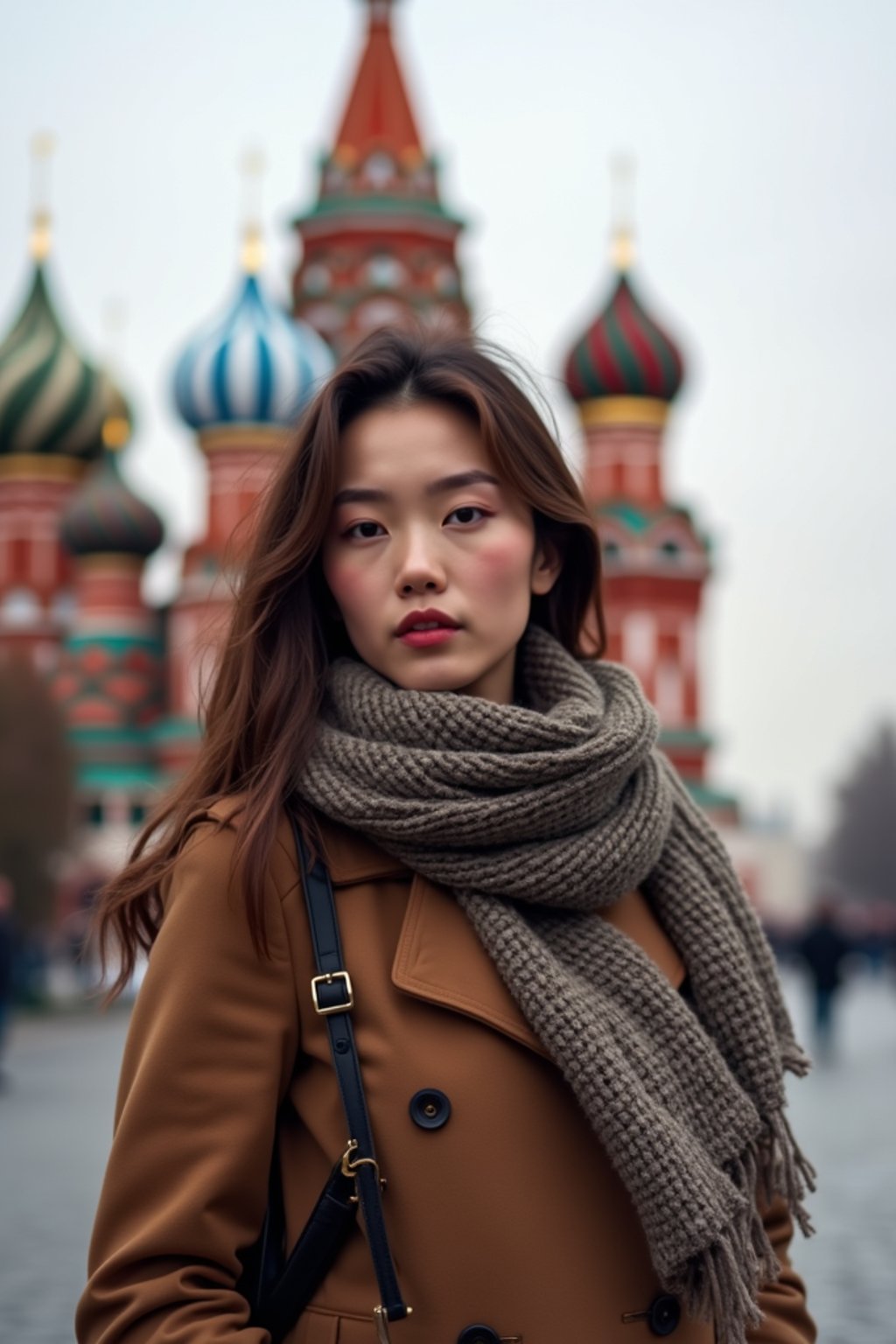 stylish and chic  woman in Moscow wearing a stylish coat and scarf, Saint Basil's Cathedral in the background