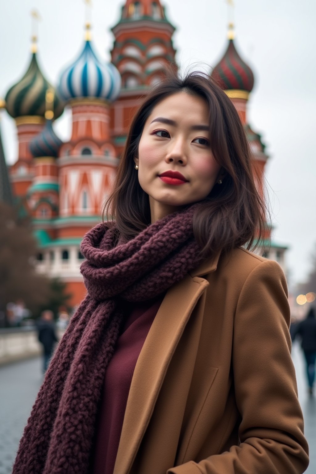 stylish and chic  woman in Moscow wearing a stylish coat and scarf, Saint Basil's Cathedral in the background