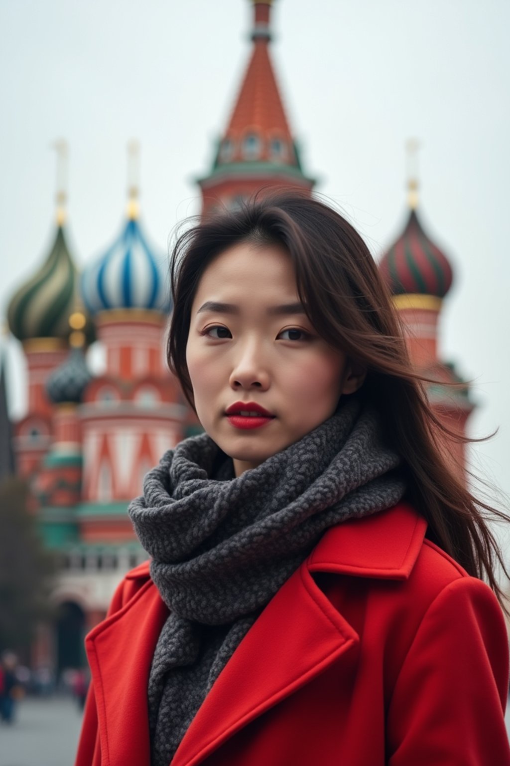 stylish and chic  woman in Moscow wearing a stylish coat and scarf, Saint Basil's Cathedral in the background