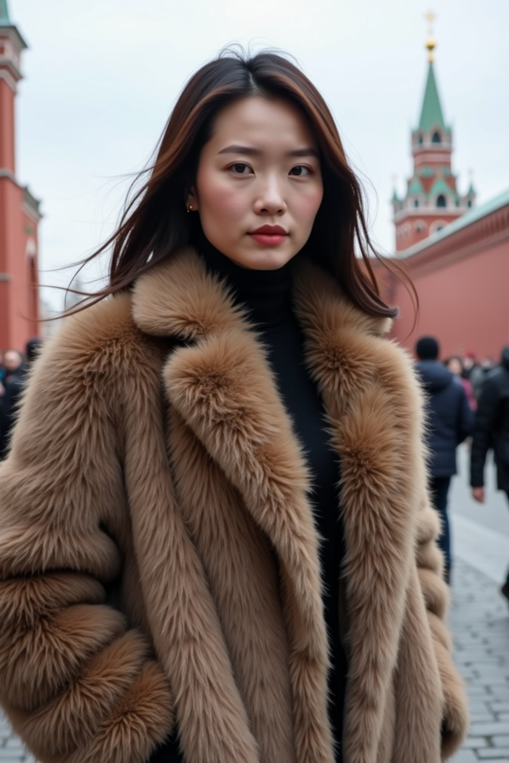 stylish and chic  woman in Moscow wearing a faux fur coat, Kremlin in the background