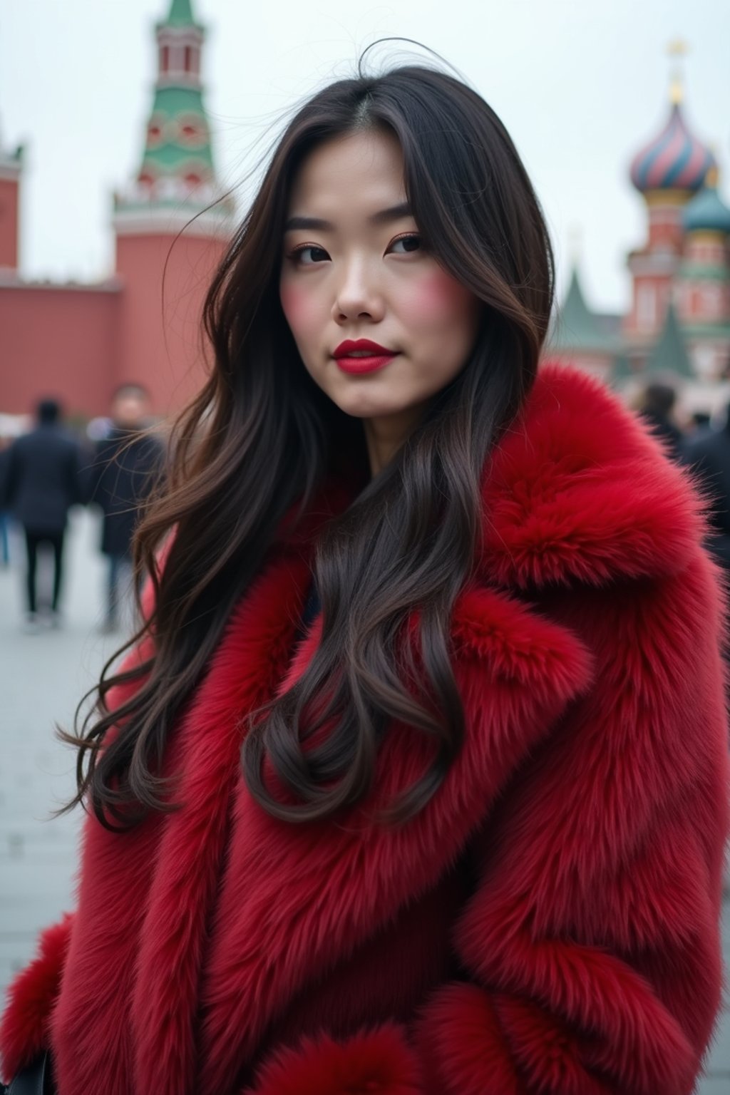 stylish and chic  woman in Moscow wearing a faux fur coat, Kremlin in the background