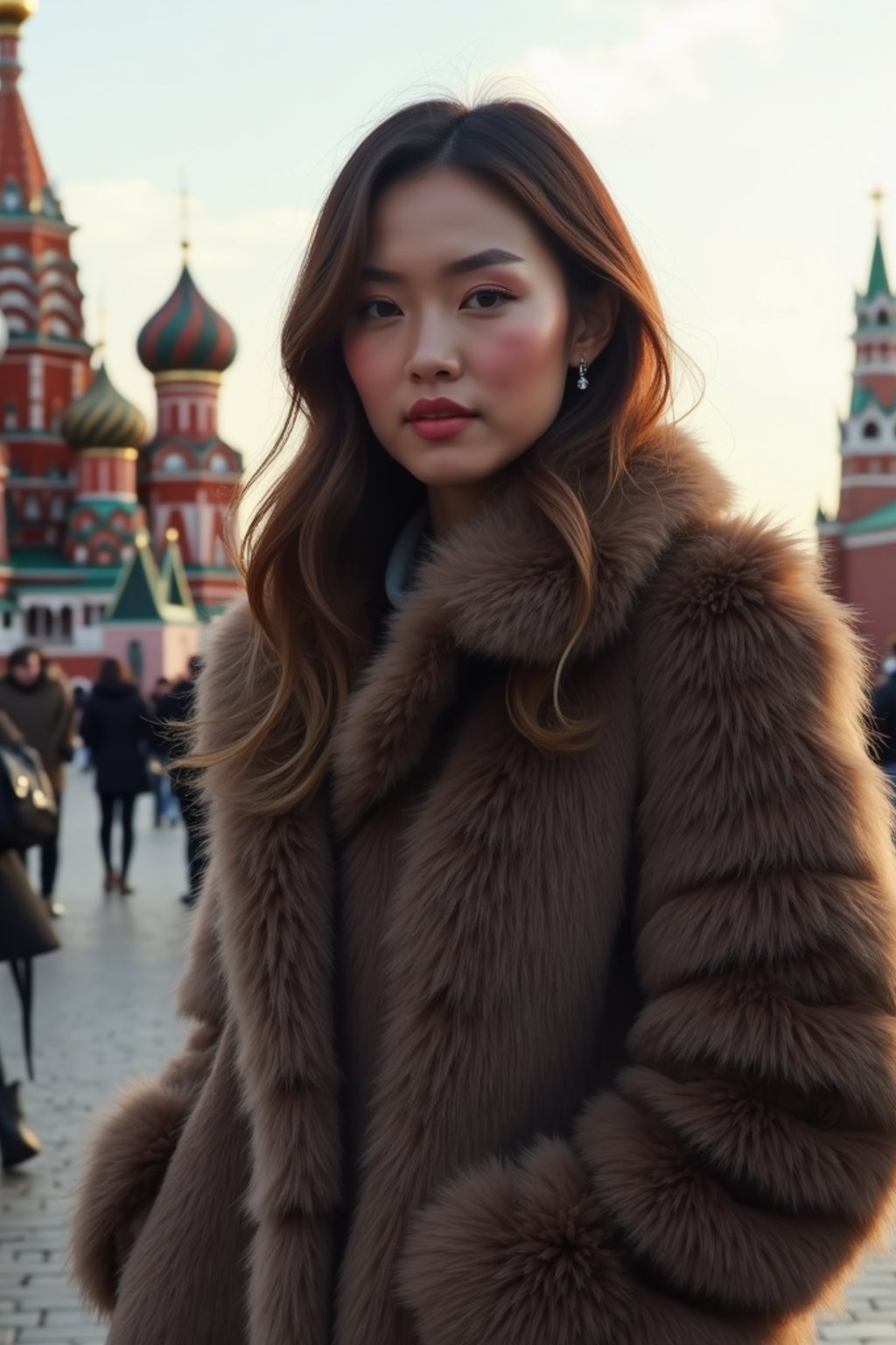 stylish and chic  woman in Moscow wearing a faux fur coat, Kremlin in the background