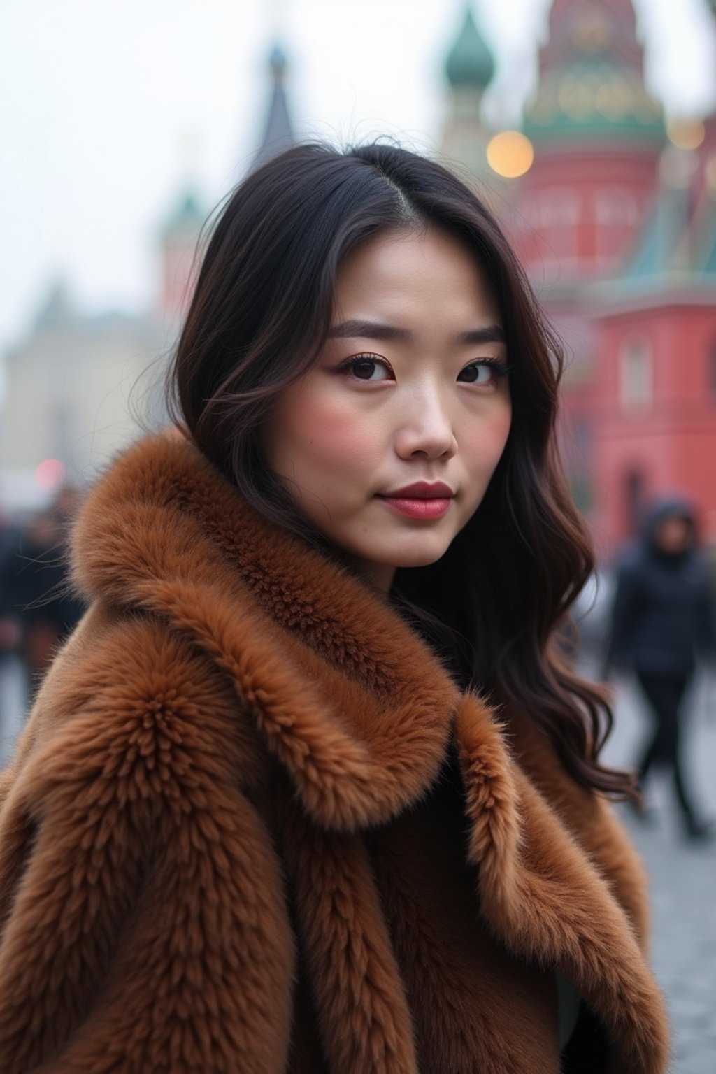 stylish and chic  woman in Moscow wearing a faux fur coat, Kremlin in the background