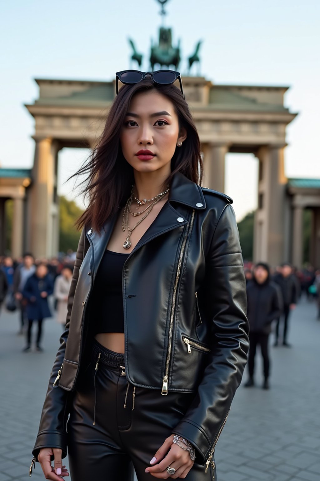 stylish and chic  woman in Berlin wearing a punk-inspired outfit, Brandenburg Gate in the background