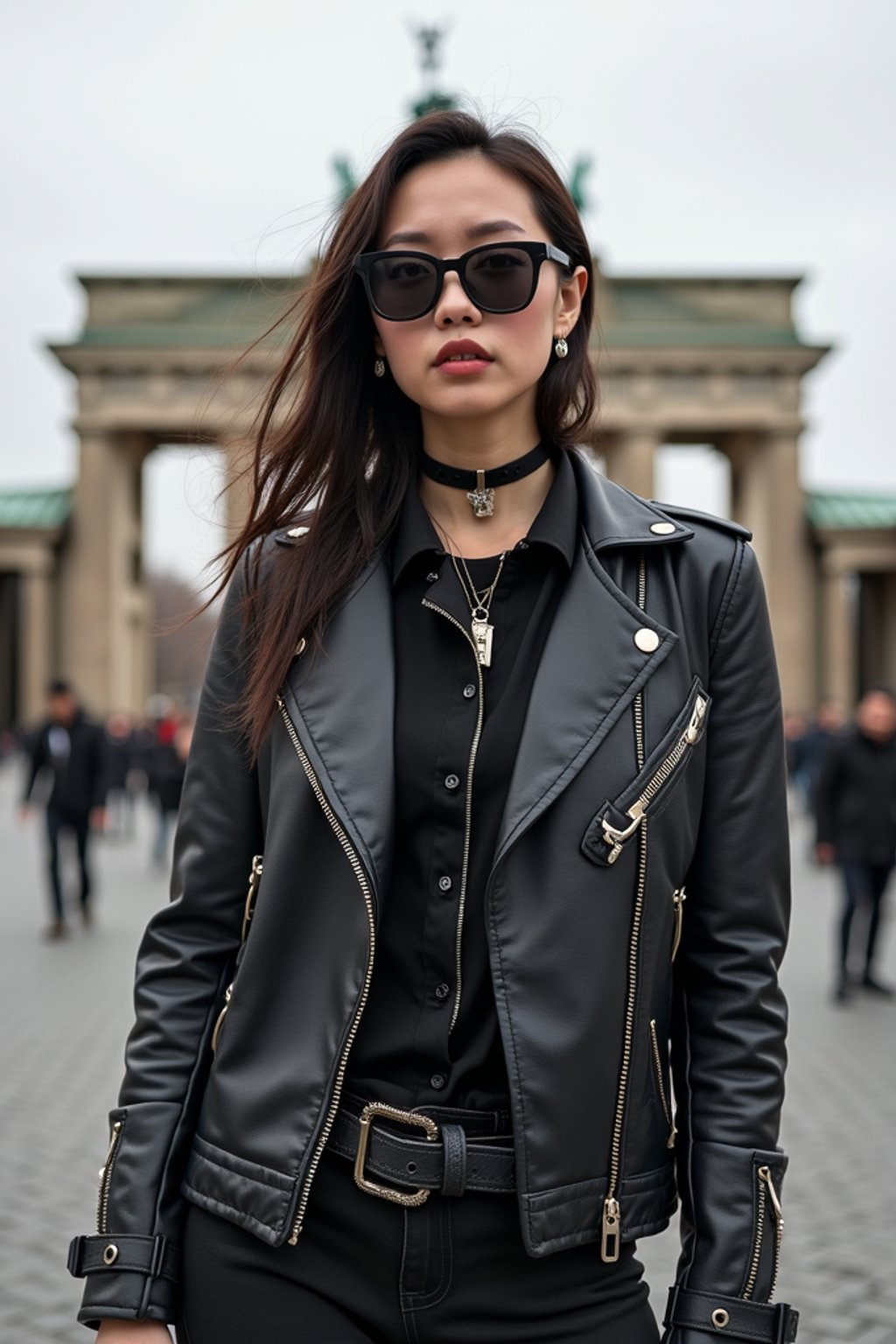 stylish and chic  woman in Berlin wearing a punk-inspired outfit, Brandenburg Gate in the background