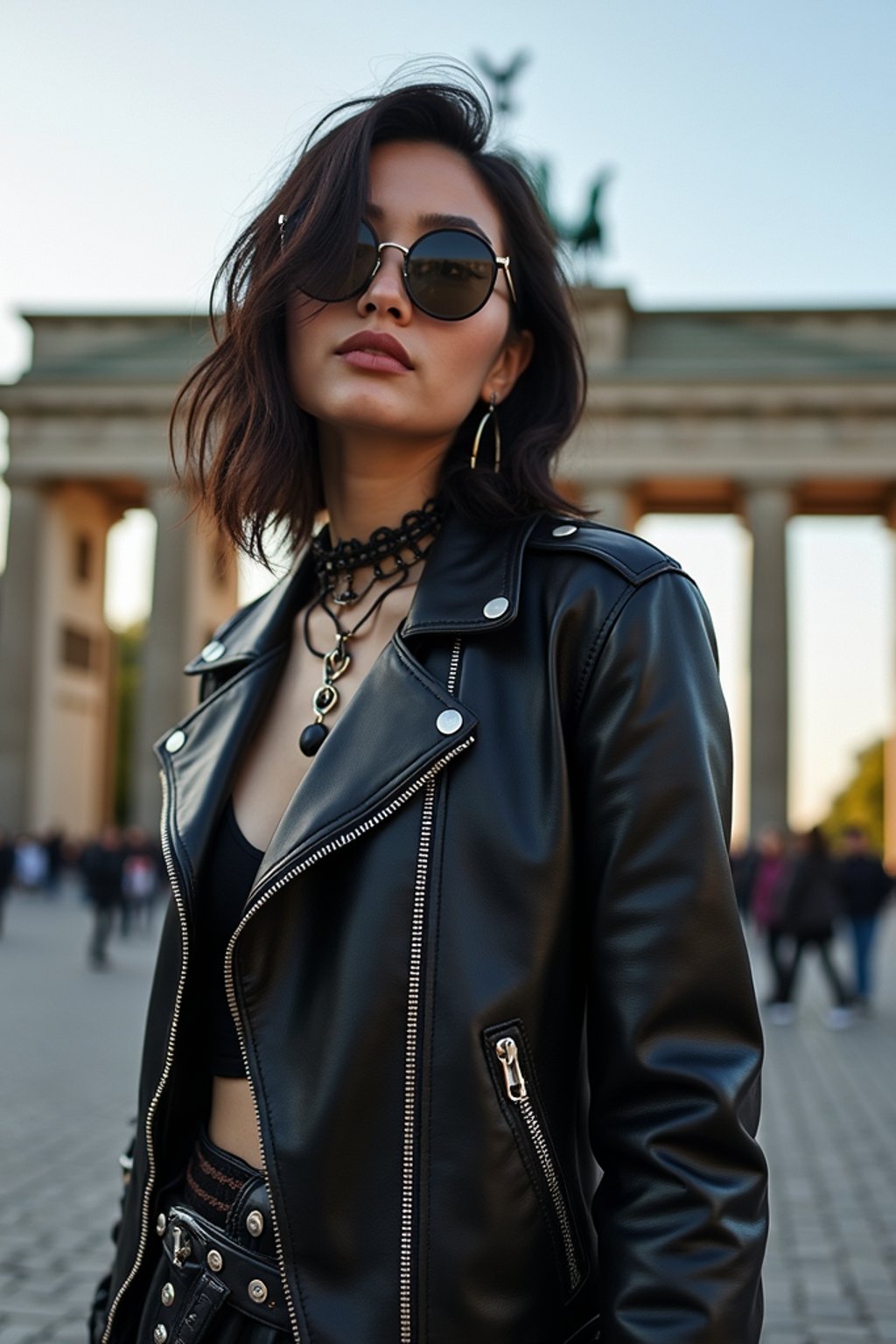 stylish and chic  woman in Berlin wearing a punk-inspired outfit, Brandenburg Gate in the background