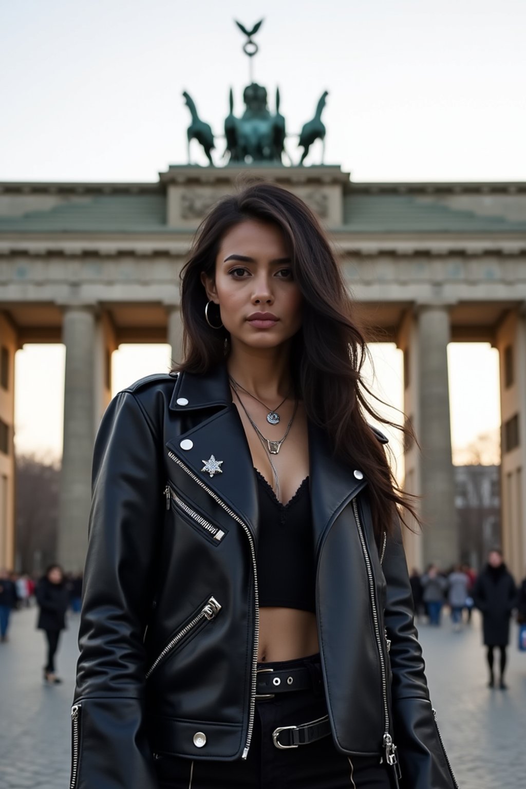 stylish and chic  woman in Berlin wearing a punk-inspired outfit, Brandenburg Gate in the background