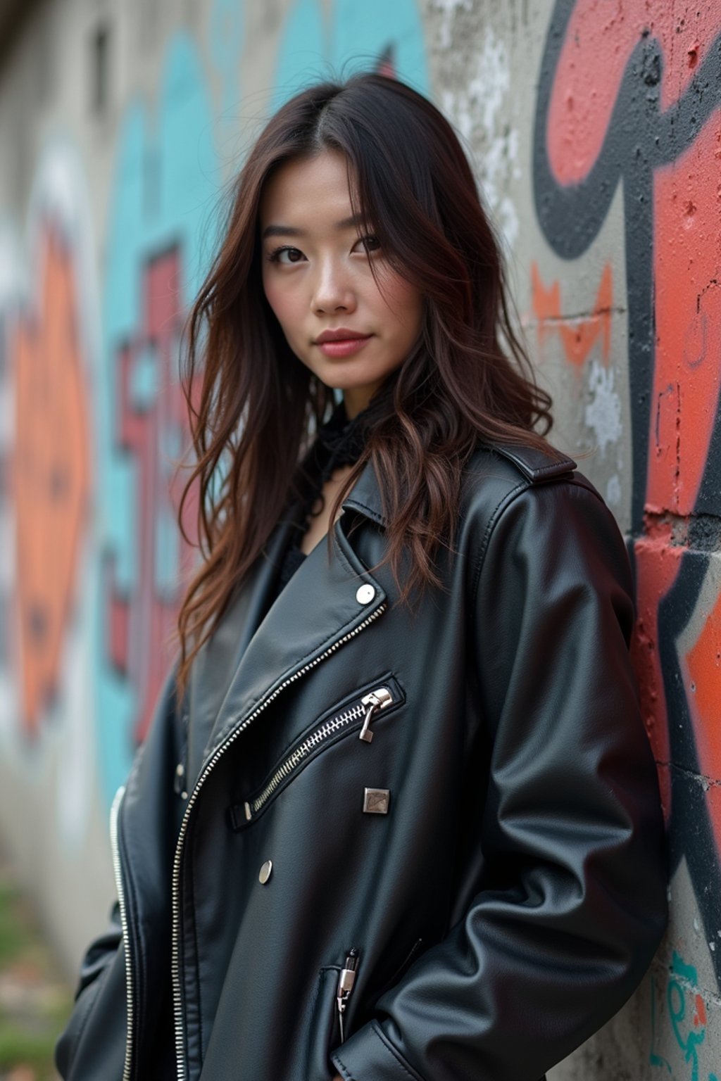 stylish and chic  woman in Berlin wearing a grunge-inspired outfit, Berlin Wall in the background