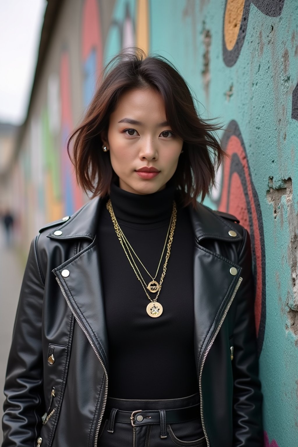 stylish and chic  woman in Berlin wearing a grunge-inspired outfit, Berlin Wall in the background