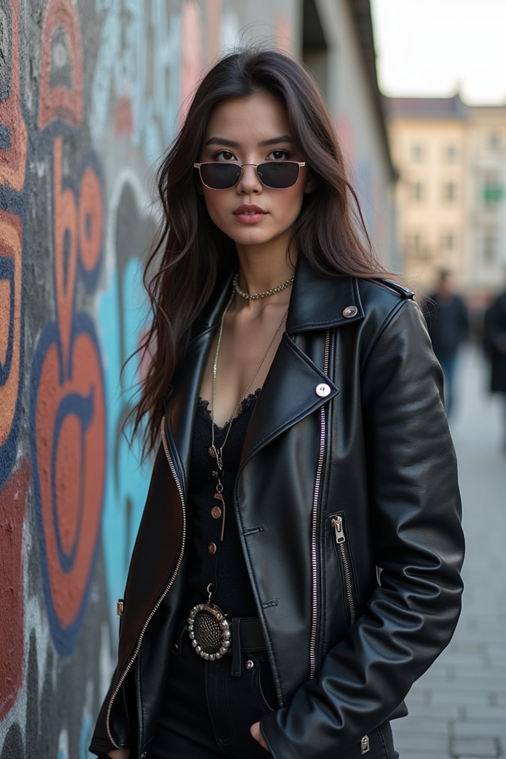 stylish and chic  woman in Berlin wearing a grunge-inspired outfit, Berlin Wall in the background