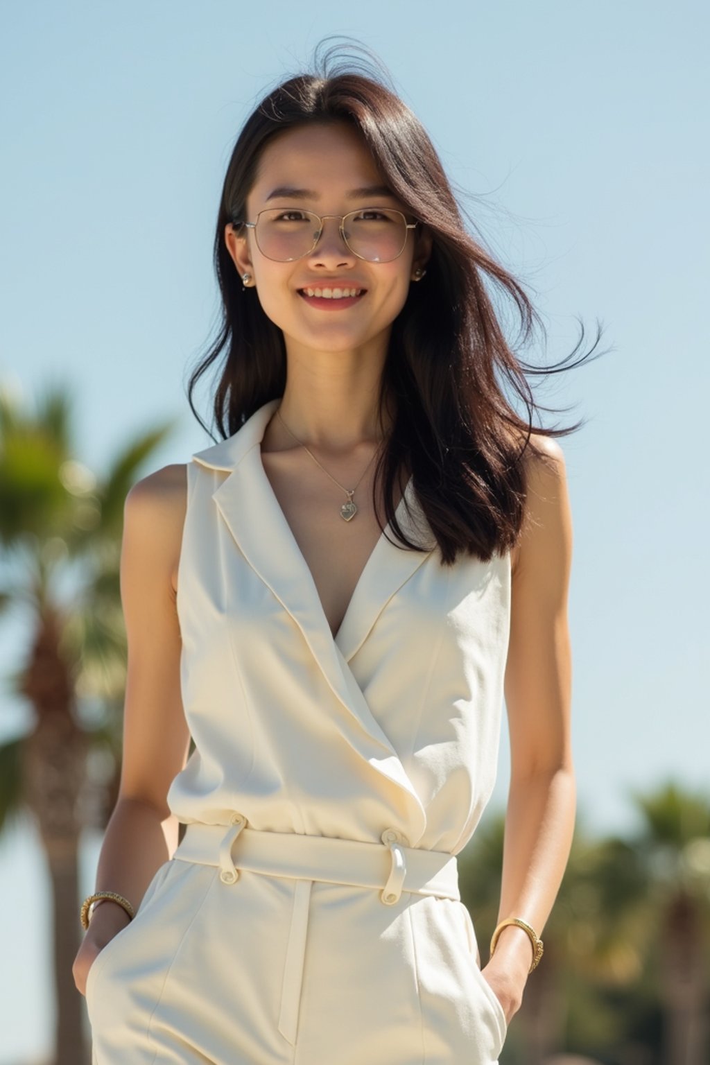 stylish and chic  woman in Los Angeles wearing a summer dress/linen suit, palm trees in the background