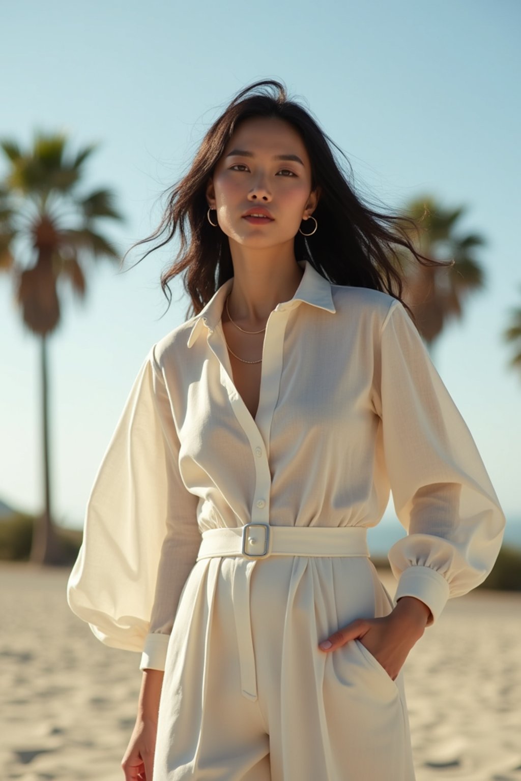 stylish and chic  woman in Los Angeles wearing a summer dress/linen suit, palm trees in the background