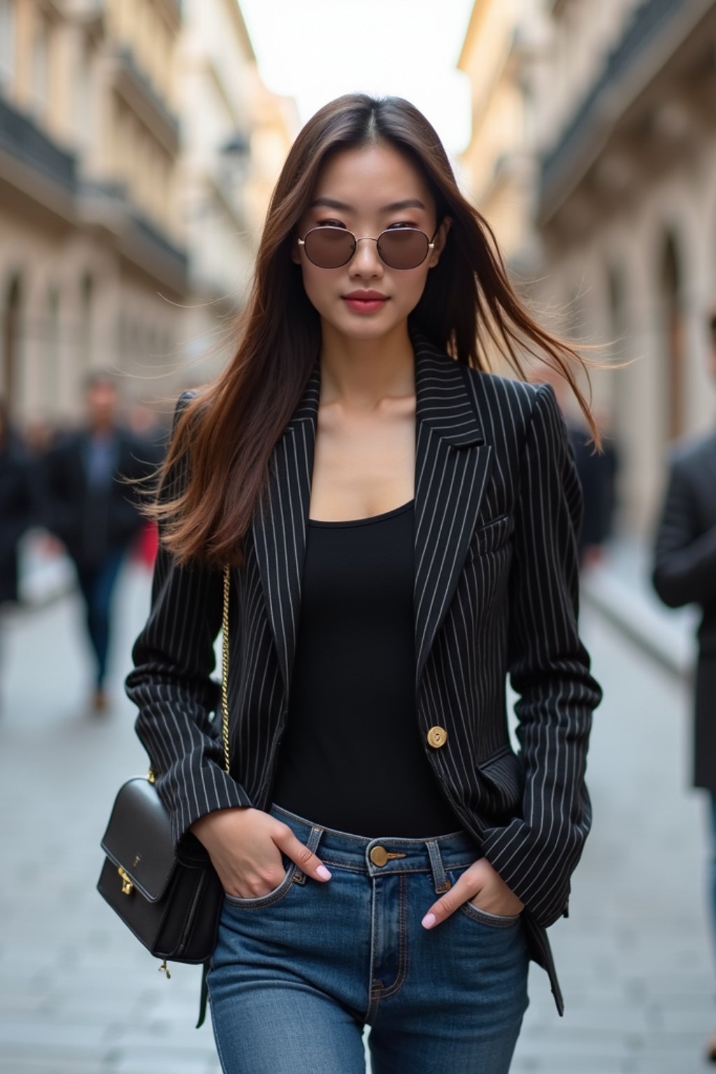 stylish and chic  woman in Milan wearing a fashionable blazer and jeans, Duomo di Milano in the background