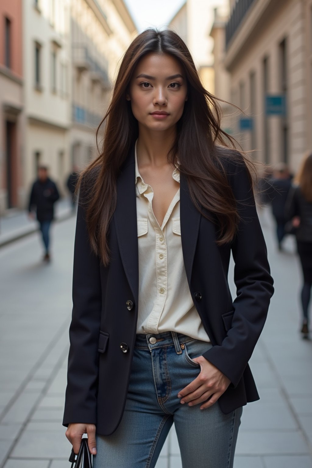 stylish and chic  woman in Milan wearing a fashionable blazer and jeans, Duomo di Milano in the background